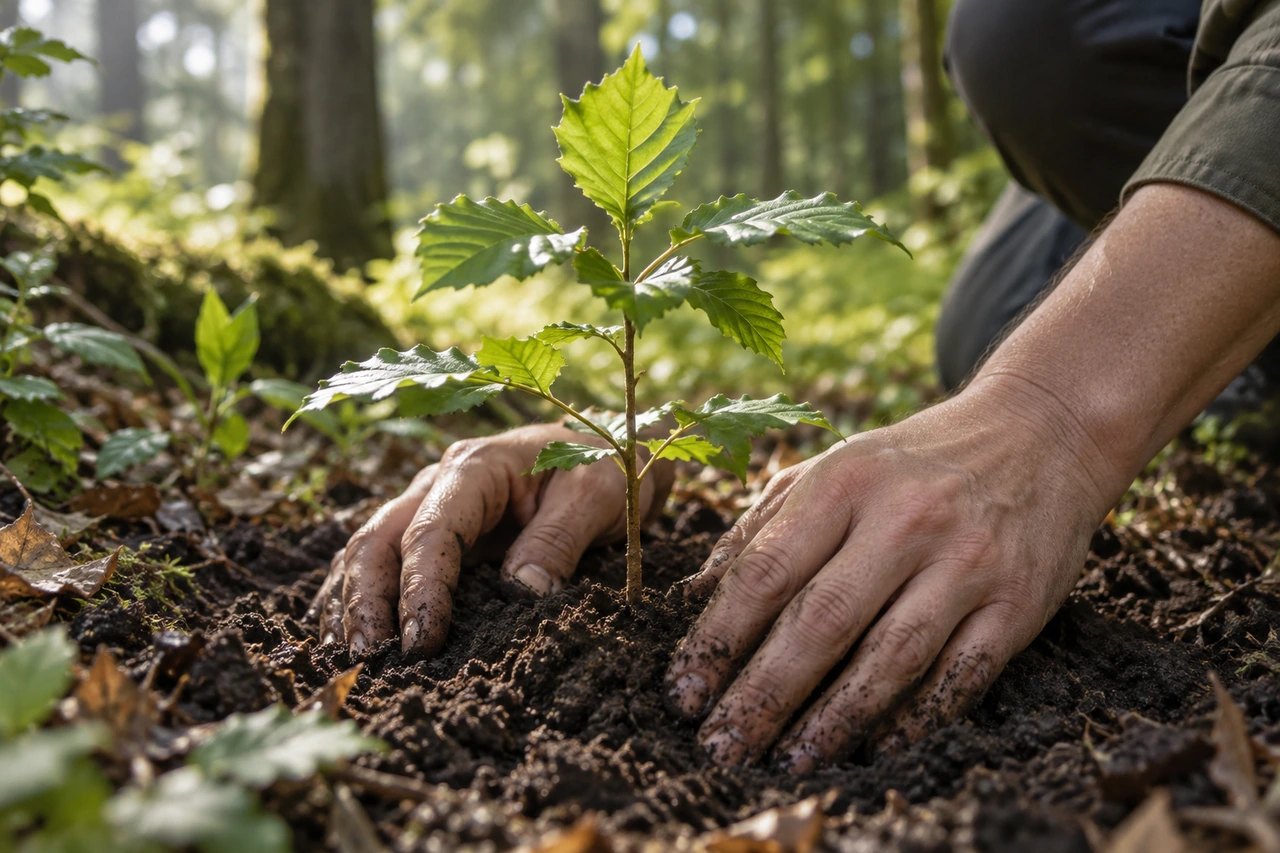 Hände pflanzen einen jungen Baum – KI-generiertes Symbolbild