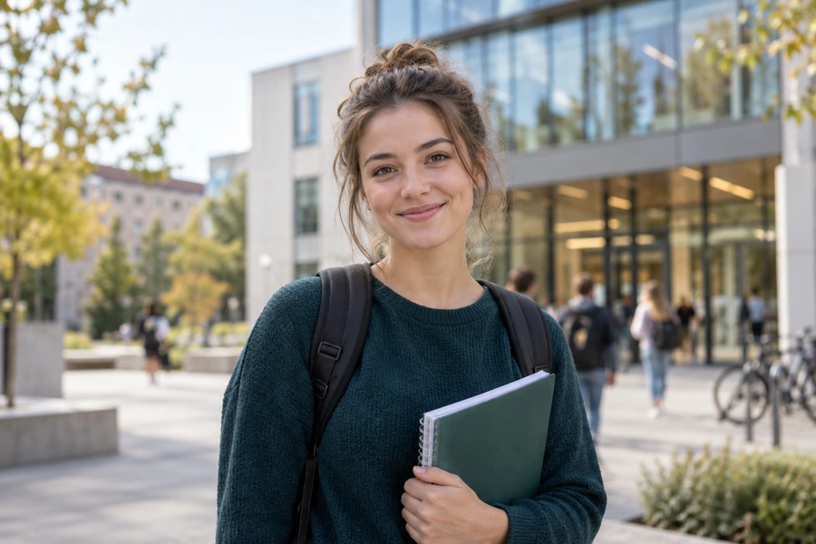Studentin auf einem Hochschulcampus – KI-generiertes Symbolbild