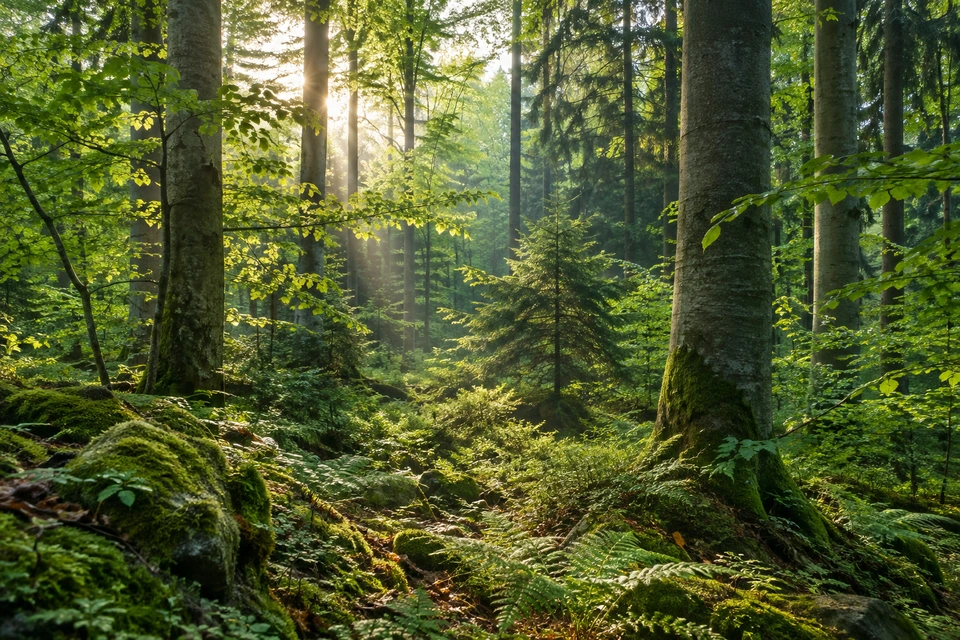 Sonnenlicht in einem Mischwald – KI-generiertes Symbolbild